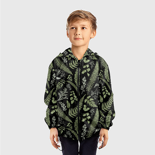 Детская ветровка Зелёные листья папоротника на черном фоне / 3D-Черный – фото 3