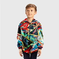 Ветровка с капюшоном детская Яркий абстрактный узор с неоновыми штрихами, цвет: 3D-черный — фото 2