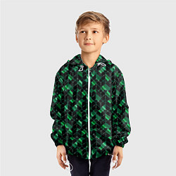 Ветровка с капюшоном детская Геометрический узор, зеленые фигуры на черном, цвет: 3D-белый — фото 2