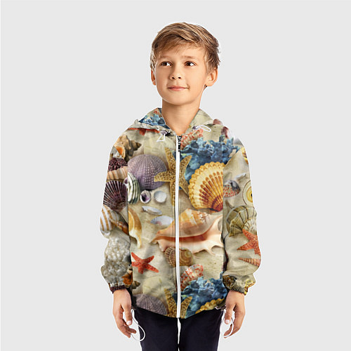 Детская ветровка Морские раковины, кораллы, морские звёзды на песке / 3D-Белый – фото 3