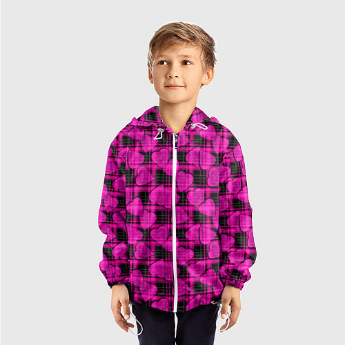 Детская ветровка Black and pink hearts pattern on checkered / 3D-Белый – фото 3