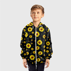 Ветровка с капюшоном детская Желтые ромашки на черном, цвет: 3D-белый — фото 2
