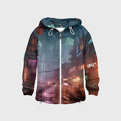 Ветровка с капюшоном детская Киберпанк город будущего, цвет: 3D-белый