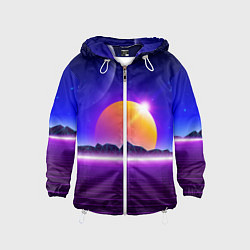 Ветровка с капюшоном детская Mountains - sun - space - vaporwave, цвет: 3D-белый