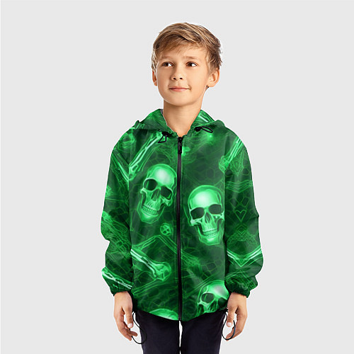 Детская ветровка Зелёные черепа и кости / 3D-Черный – фото 3