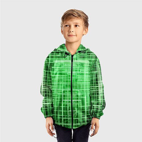 Детская ветровка Зелёные неоновые полосы киберпанк / 3D-Черный – фото 3