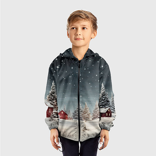 Детская ветровка Зимний пейзаж с елями и снегом / 3D-Черный – фото 3