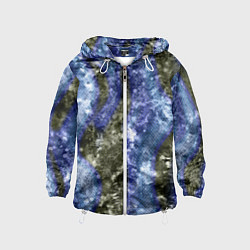 Ветровка с капюшоном детская Абстракция - гранж синие полосы на сером, цвет: 3D-белый