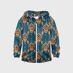 Ветровка с капюшоном детская Узбекская имитация ткани икат - синий орнамент, цвет: 3D-белый