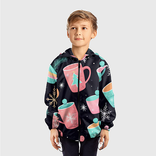 Детская ветровка Паттерн новогодние кружки - нейросеть / 3D-Черный – фото 3