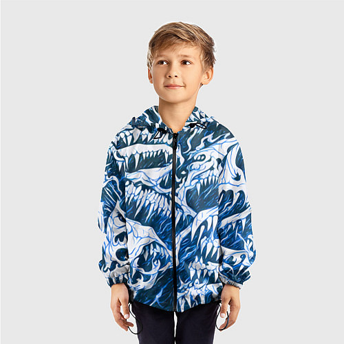 Детская ветровка Белые клыки на синем фоне / 3D-Черный – фото 3
