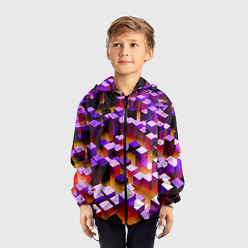 Детская ветровка Фиолетовые блоки в оранжевом тумане / 3D-Черный – фото 3