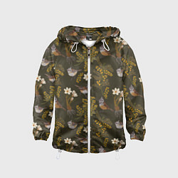 Ветровка с капюшоном детская Хохлатые синицы и мимоза паттерн, цвет: 3D-белый