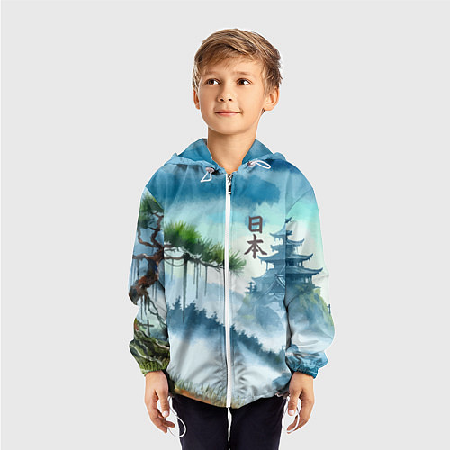 Детская ветровка Японский пейзаж - акварель живопись / 3D-Белый – фото 3