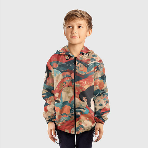 Детская ветровка Японский орнамент с девушкой / 3D-Черный – фото 3