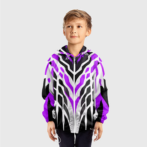 Детская ветровка Агрессивные фиолетово-белые полосы на чёрном фоне / 3D-Белый – фото 3