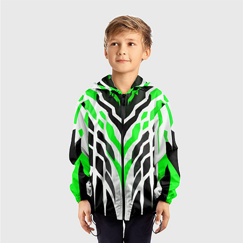 Детская ветровка Агрессивные зелёно-белые полосы на чёрном фоне / 3D-Черный – фото 3