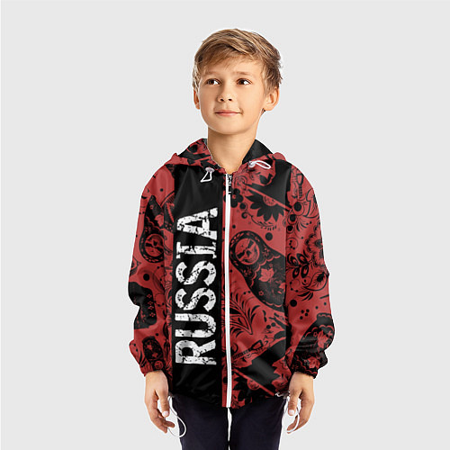 Детская ветровка Россия на фоне матрёшек балалайки и славянских узо / 3D-Белый – фото 3