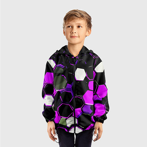 Детская ветровка Розово-белые шестиугольники на чёрном фоне / 3D-Черный – фото 3