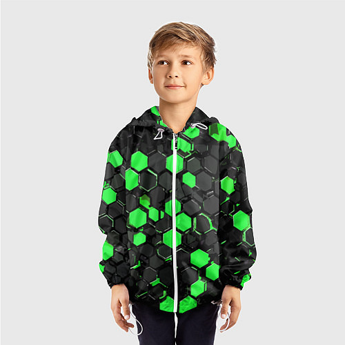 Детская ветровка Зелёно-серые шестиугольники на чёрном фоне / 3D-Белый – фото 3