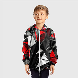 Ветровка с капюшоном детская Красно-белые рельефные треугольники на чёрном фоне, цвет: 3D-белый — фото 2