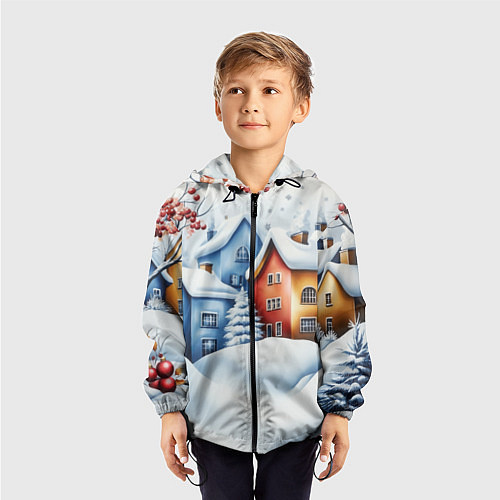 Детская ветровка Зимний новогодний городской пейзаж / 3D-Черный – фото 3