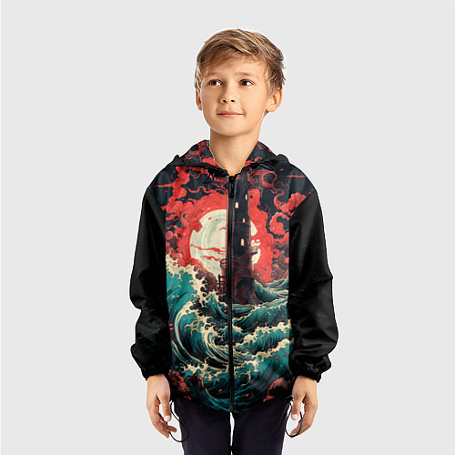Детская ветровка Маяк и волны в японском стиле / 3D-Черный – фото 3