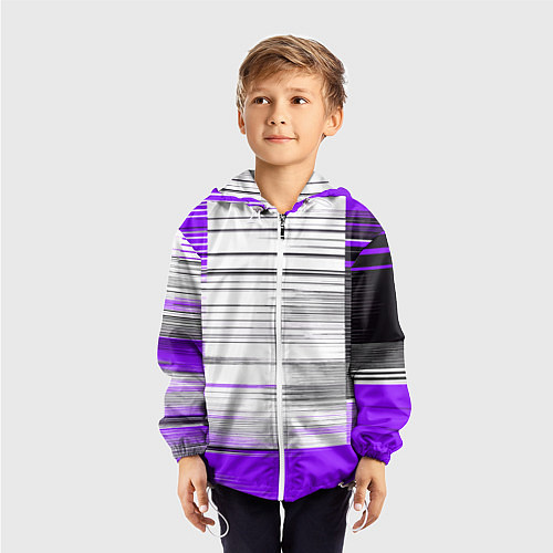 Детская ветровка Чёрные вертикальные полосы на фиолетово-белом фоне / 3D-Белый – фото 3