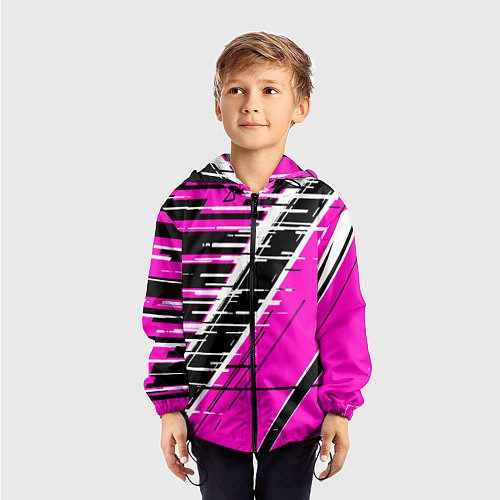 Детская ветровка Чёрно-белые глитч полосы на розовом фоне / 3D-Черный – фото 3