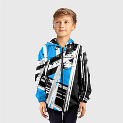 Ветровка с капюшоном детская Чёрно-белые абстрактные линии на синем фоне, цвет: 3D-черный — фото 2