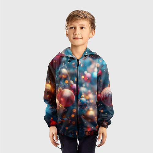 Детская ветровка Красные и синие шары на фоне елки / 3D-Черный – фото 3
