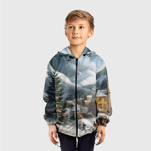 Детская ветровка Новогодняя огромная елка и маленькие домики / 3D-Черный – фото 3