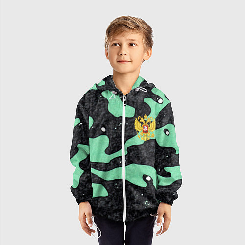 Детская ветровка Текстурный черно-зеленый камуфляж / 3D-Белый – фото 3