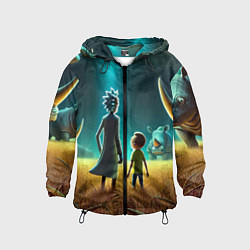 Ветровка с капюшоном детская Морти и Рик на планете носорогов - неоновое свечен, цвет: 3D-черный
