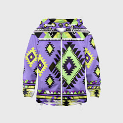 Ветровка с капюшоном детская Геометрический сиренево желтый орнамент ацтеков, цвет: 3D-белый