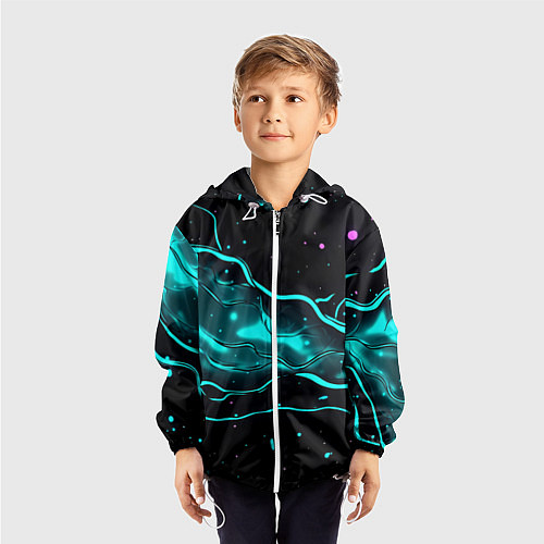 Детская ветровка Голубые неоновые волны текстура / 3D-Белый – фото 3