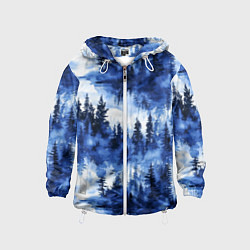 Ветровка с капюшоном детская Силуэты деревьев и отражения - акварельный лесной, цвет: 3D-белый