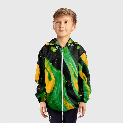 Детская ветровка Зелено-желтая краска на черном / 3D-Белый – фото 3