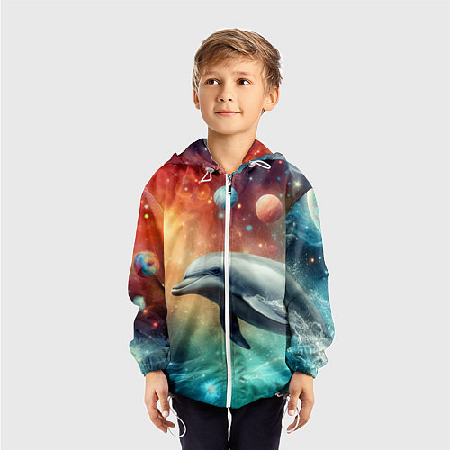 Детская ветровка Галактический дельфин - неоновый космос / 3D-Белый – фото 3