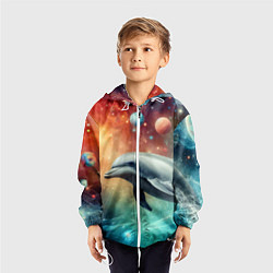 Ветровка с капюшоном детская Галактический дельфин - неоновый космос, цвет: 3D-белый — фото 2