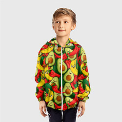 Ветровка с капюшоном детская Авокадо, бананы, перцы чили улыбаются - паттерн фр, цвет: 3D-белый — фото 2