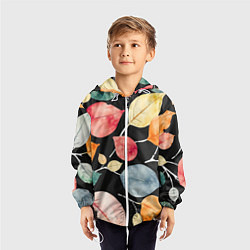 Ветровка с капюшоном детская Разноцветные акварельные листья на чёрном, AI, цвет: 3D-белый — фото 2