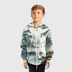 Ветровка с капюшоном детская Японский акварельный пейзаж, цвет: 3D-белый — фото 2