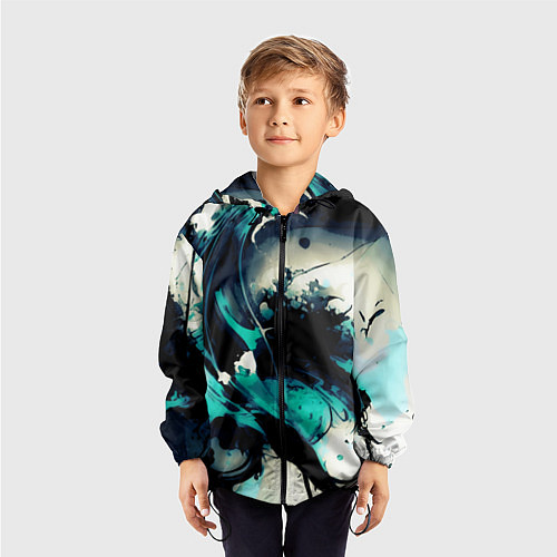 Детская ветровка Чёрный с бирюзовым абстракция тёмные краски / 3D-Черный – фото 3