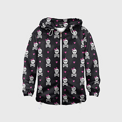 Ветровка с капюшоном детская Милый паттерн с черепами и сердцечками на черном ф, цвет: 3D-белый