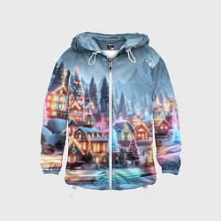 Ветровка с капюшоном детская Городок в новогодних огоньках, цвет: 3D-белый