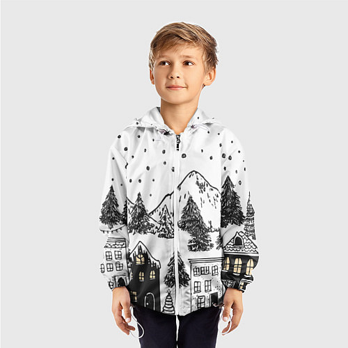 Детская ветровка Заснеженный черно-белый город / 3D-Белый – фото 3