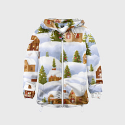 Ветровка с капюшоном детская Новогодние домики и елочки, цвет: 3D-белый
