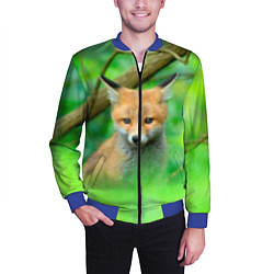 Бомбер мужской Лисенок в зеленом лесу, цвет: 3D-синий — фото 2