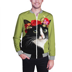 Бомбер мужской Кот и цветы, цвет: 3D-меланж — фото 2
